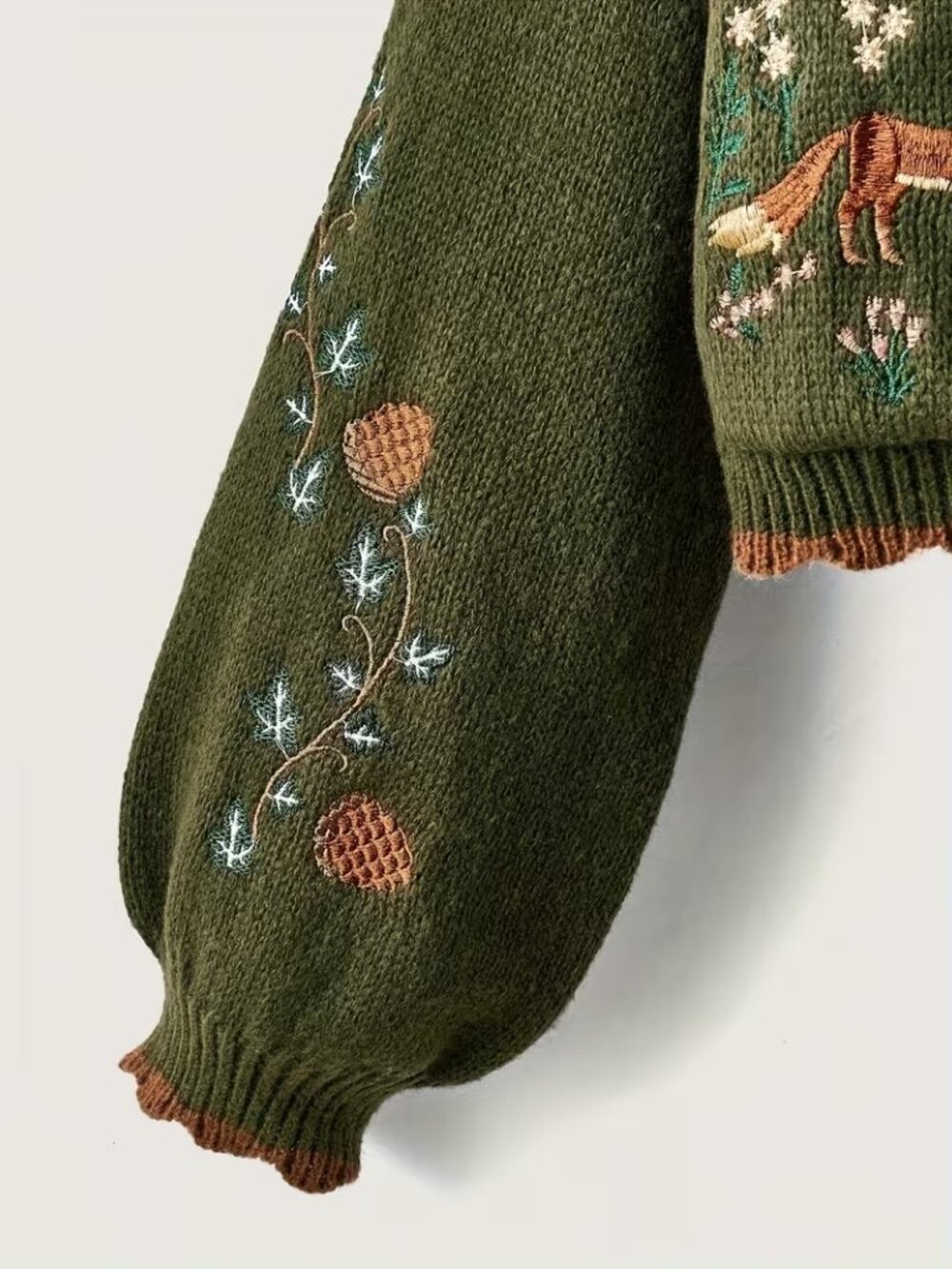 Button Up Fox Nature Army Green Cardigan With Pockets - Picture 6 of 7